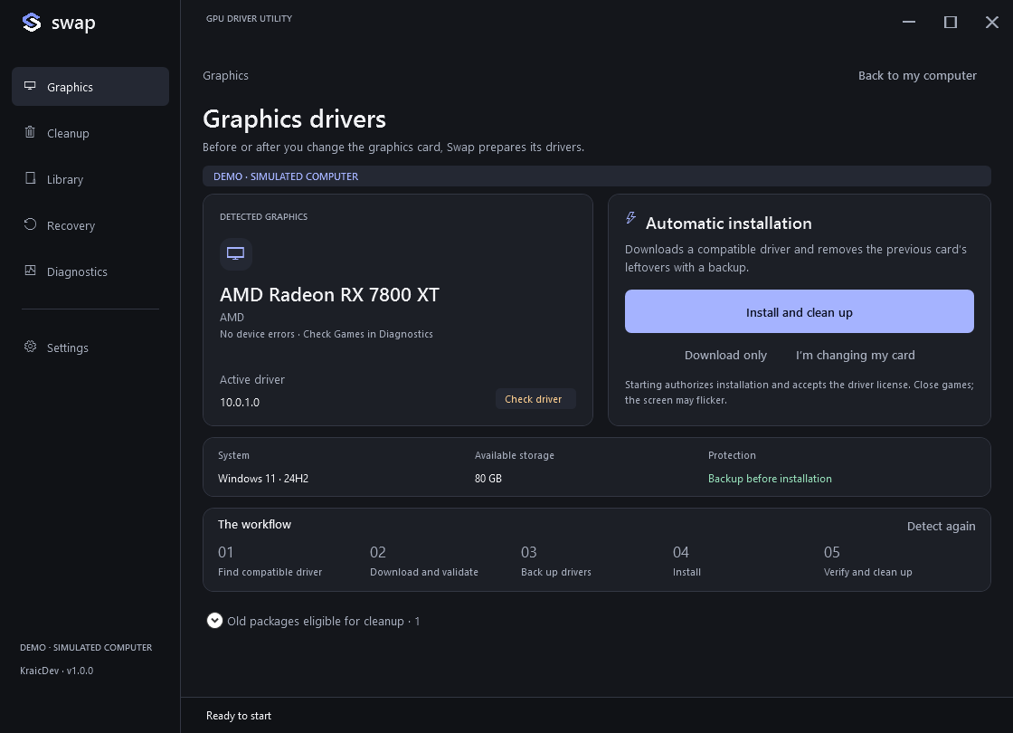 Swap interface in demo mode: detected GPU, automatic installation and workflow